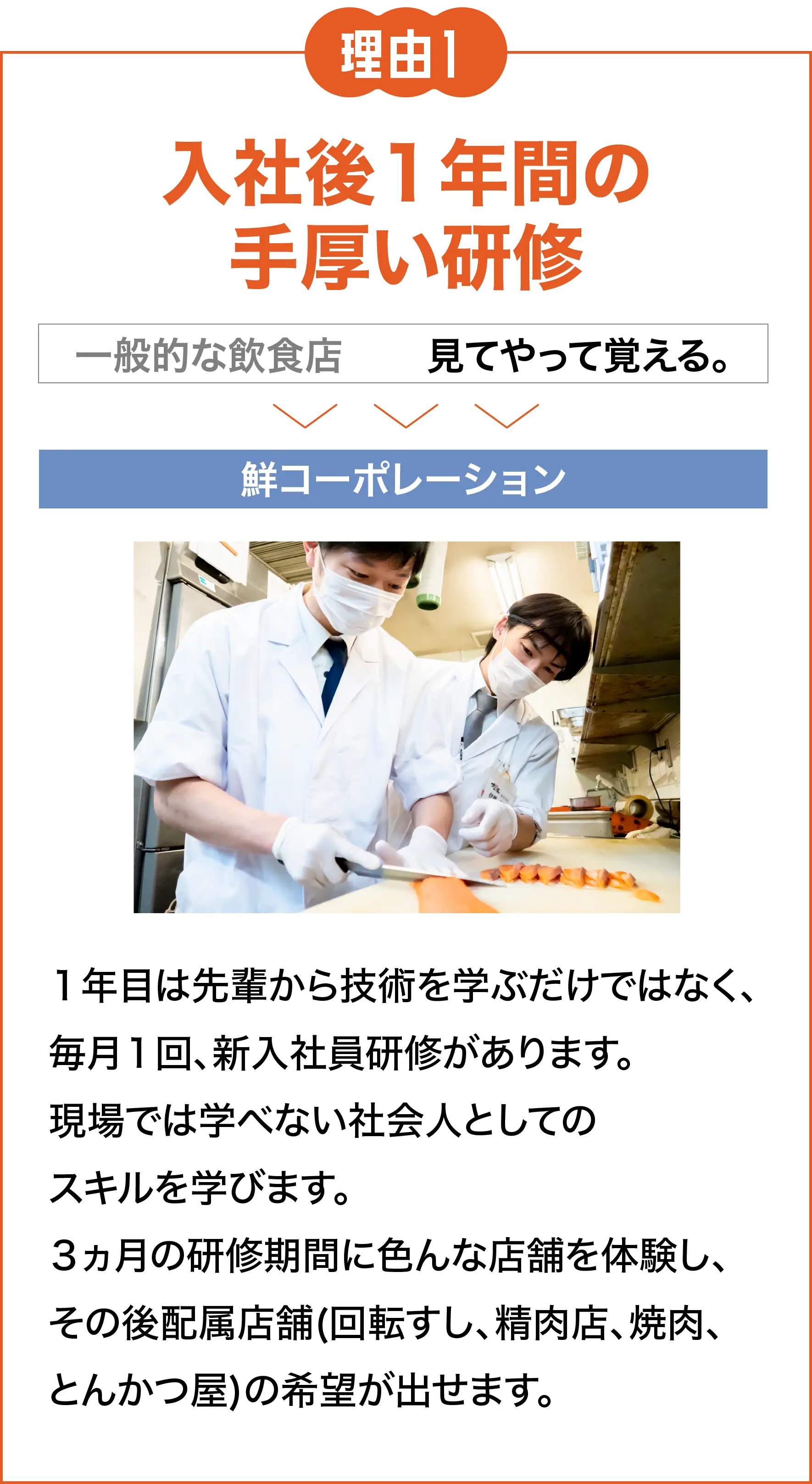 理由１ 入社後１年間の手厚い研修 １年目は先輩から技術を学ぶだけではなく、毎月１回、新入社員研修があります。現場では学べない社会人としてのスキルを学びます。３ヵ月の研修期間に色んな店舗を体験し、その後配属店舗(回転すし、精肉店、焼肉、とんかつ屋)の希望が出せます。