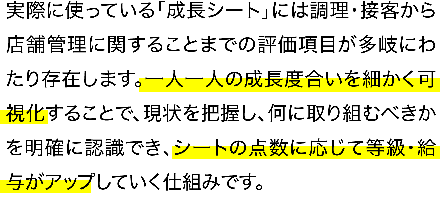 実際に使っている「成長シート」には調理・接客から店舗管理に関することまでの評価項目が多岐にわたり存在します。一人一人の成長度合いを細かく可視化することで、現状を把握し、何に取り組むべきかを明確に認識でき、シートの点数に応じて等級・給与がアップしていく仕組みです。