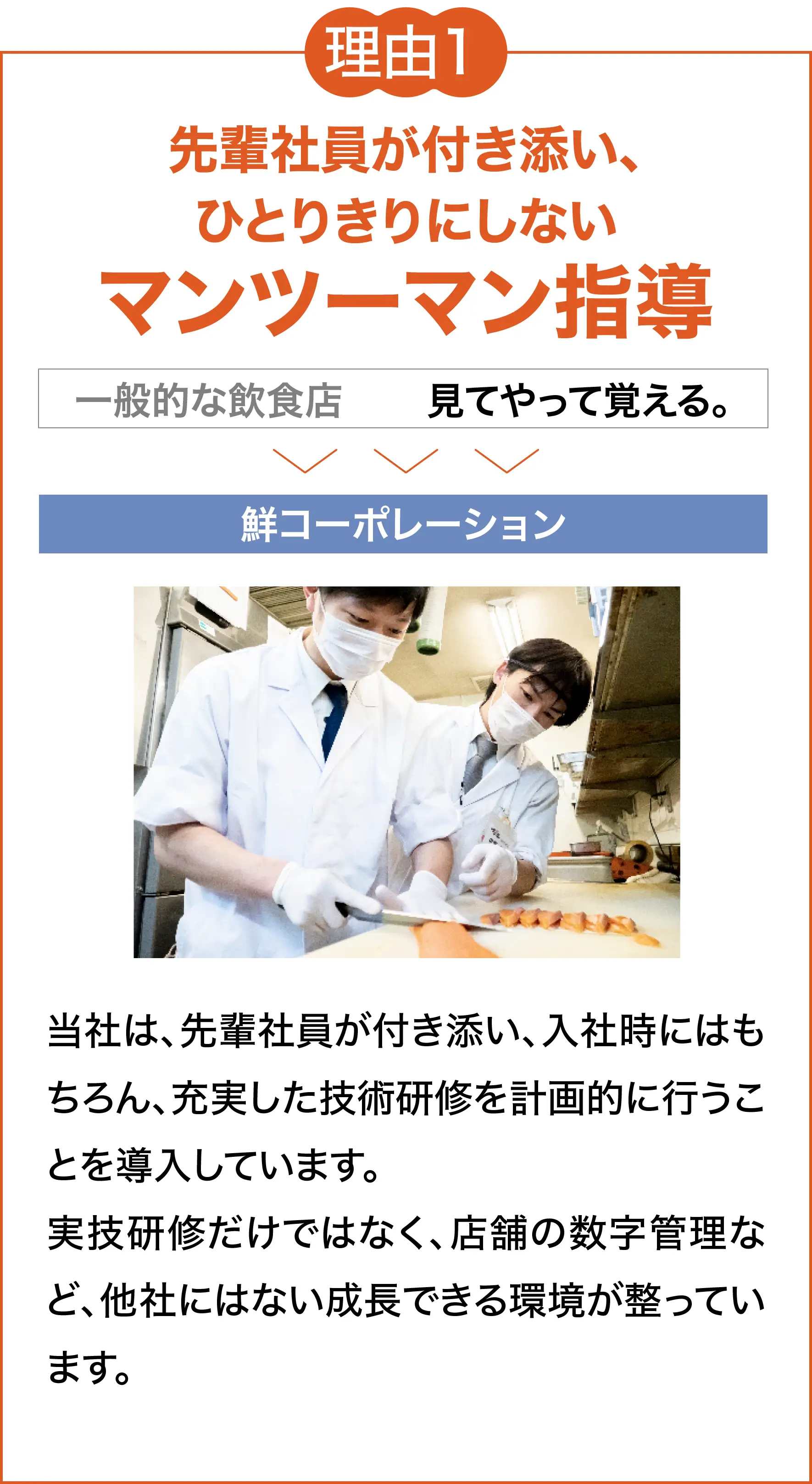 理由１ 先輩社員が付き添い、ひとりきりにしないマンツーマン指導 当社は、先輩社員が付き添い、入社時にはもちろん、充実した技術研修を計画的に行うことを導入しています。実技研修だけではなく、店舗の数字管理など、他社にはない成長できる環境が整っています。