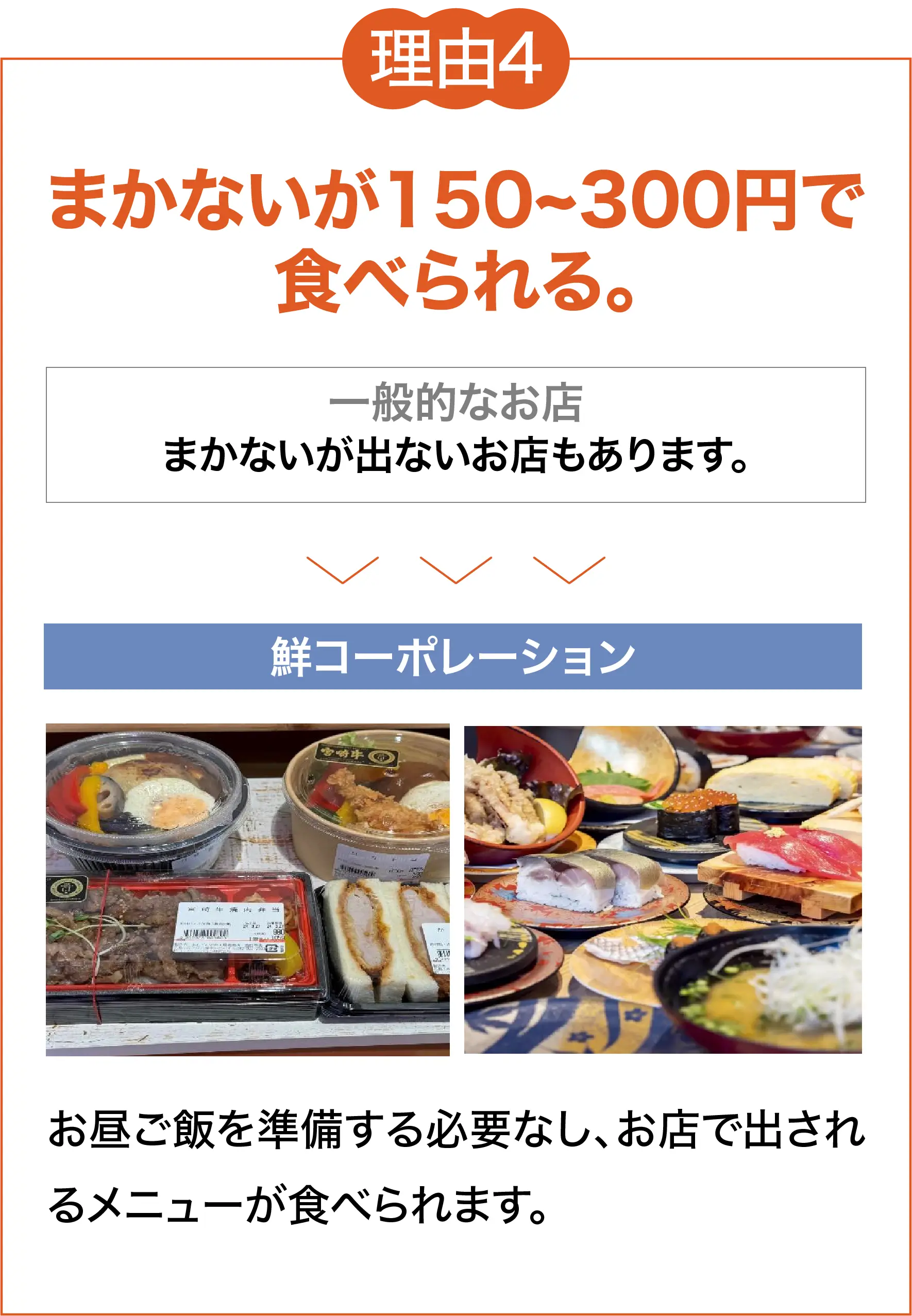 理由4 まかないが150~300円で食べられる。お昼ご飯を準備する必要なし、お店で出されるメニューが食べられます。